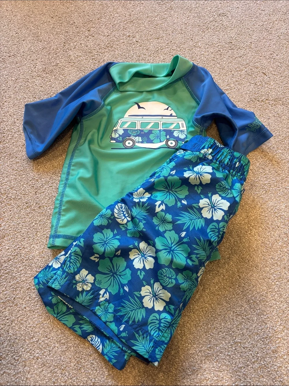 Kids Green & Blue Tropical Rashguard Swim Set with Surf Van Motif